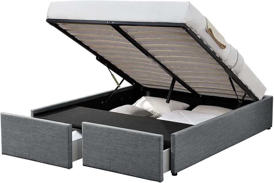 Cadre de lit avec coffre et 2 tiroirs 160x200 cm tissu lin gris foncé Karmi - Photo n°1