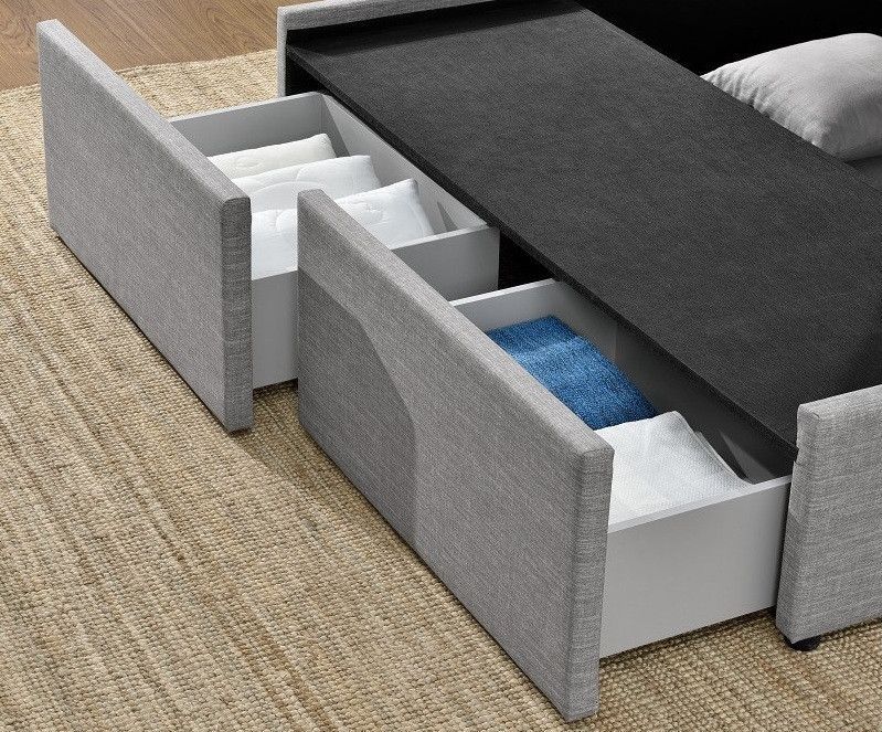 Cadre de lit avec coffre et 2 tiroirs 180x200 cm tissu lin gris clair Karmi - Photo n°6