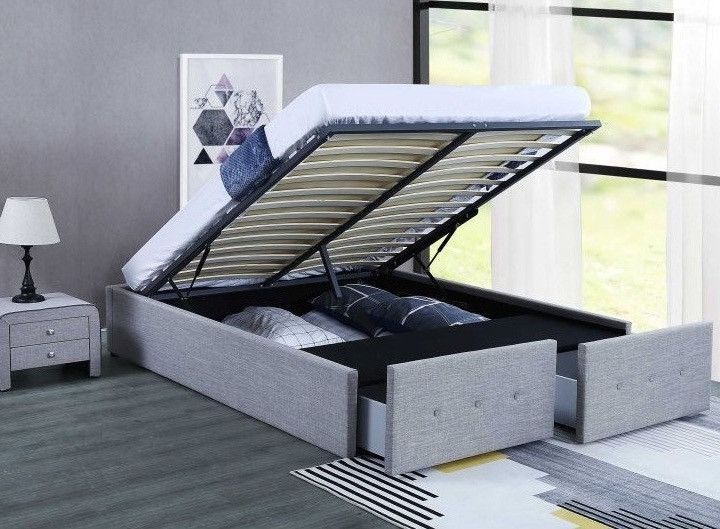 Cadre de lit avec coffre et 2 tiroirs tissu gris clair Lecra 180x200 cm - Photo n°1