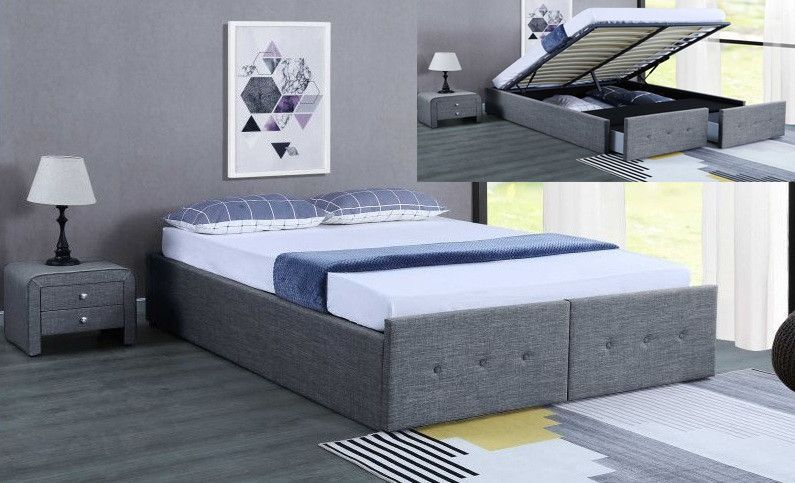 Cadre de lit avec coffre et 2 tiroirs tissu gris foncé Lecra 160x200 cm - Photo n°2