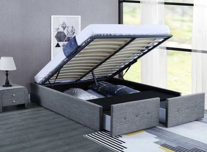 Cadre de lit avec coffre et 2 tiroirs tissu gris foncé Lecra 160x200 cm - Photo n°1