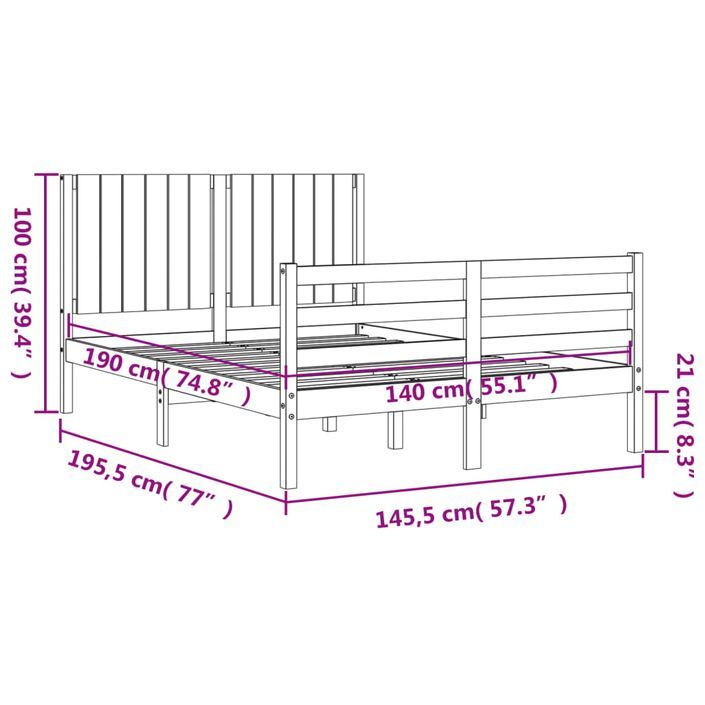 Cadre de lit avec tête de lit 140x190 cm bois massif - Photo n°12