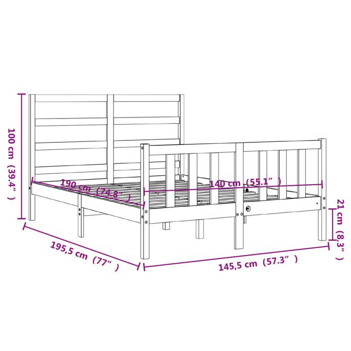 Cadre de lit avec tête de lit 140x190 cm bois massif - Photo n°12