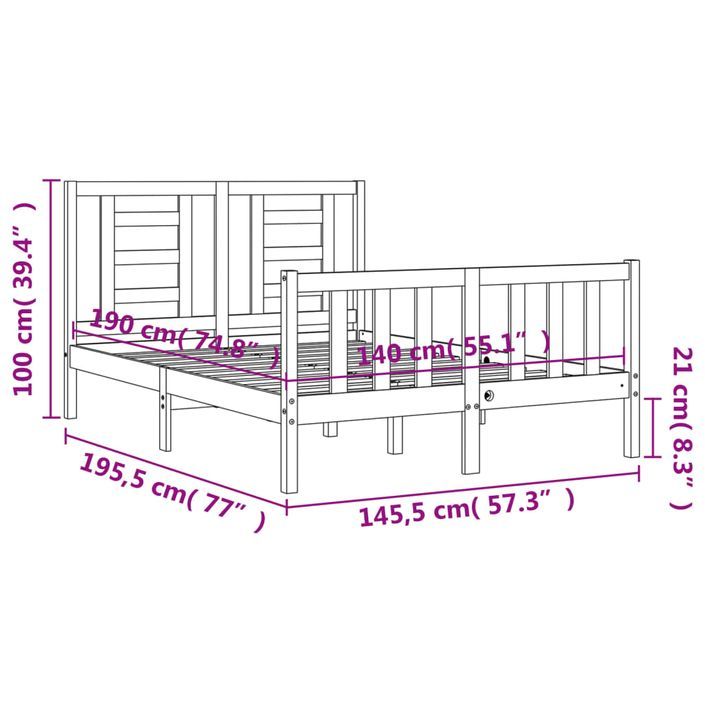 Cadre de lit avec tête de lit 140x190 cm bois massif - Photo n°12