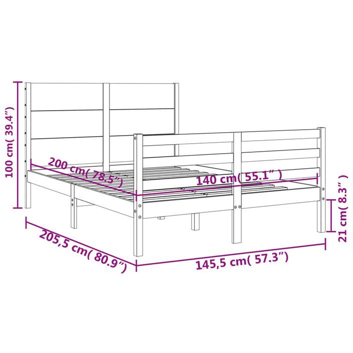 Cadre de lit avec tête de lit 140x200 cm bois massif - Photo n°12