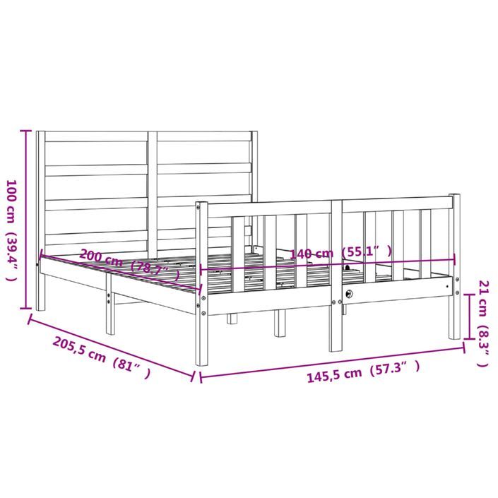 Cadre de lit avec tête de lit 140x200 cm bois massif - Photo n°12