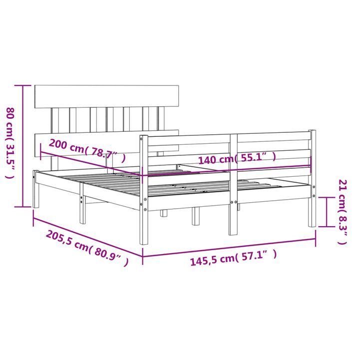 Cadre de lit avec tête de lit 140x200 cm bois massif - Photo n°12