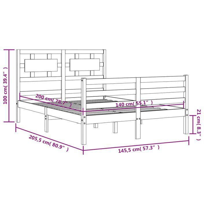 Cadre de lit avec tête de lit 140x200 cm bois massif - Photo n°12