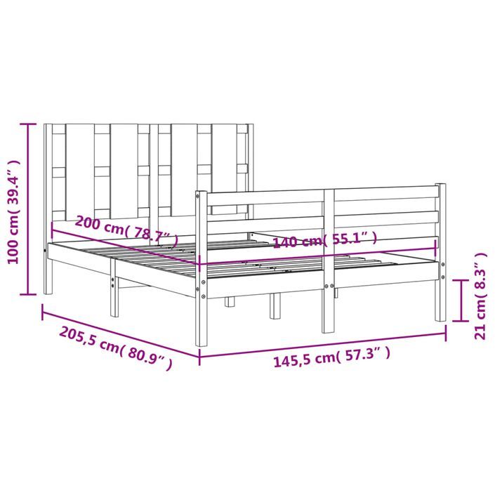 Cadre de lit avec tête de lit 140x200 cm bois massif - Photo n°12