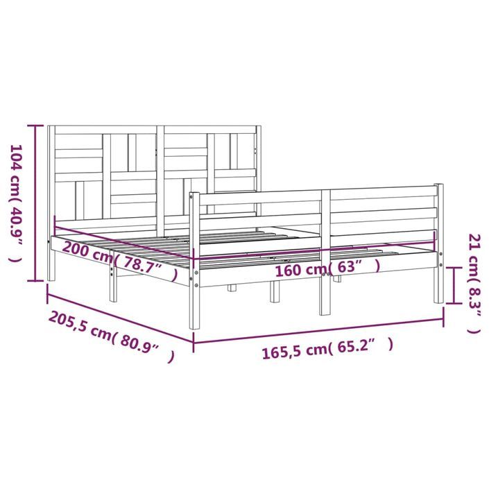 Cadre de lit avec tête de lit 160x200 cm bois massif - Photo n°12