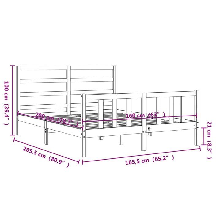 Cadre de lit avec tête de lit 160x200 cm bois massif - Photo n°12