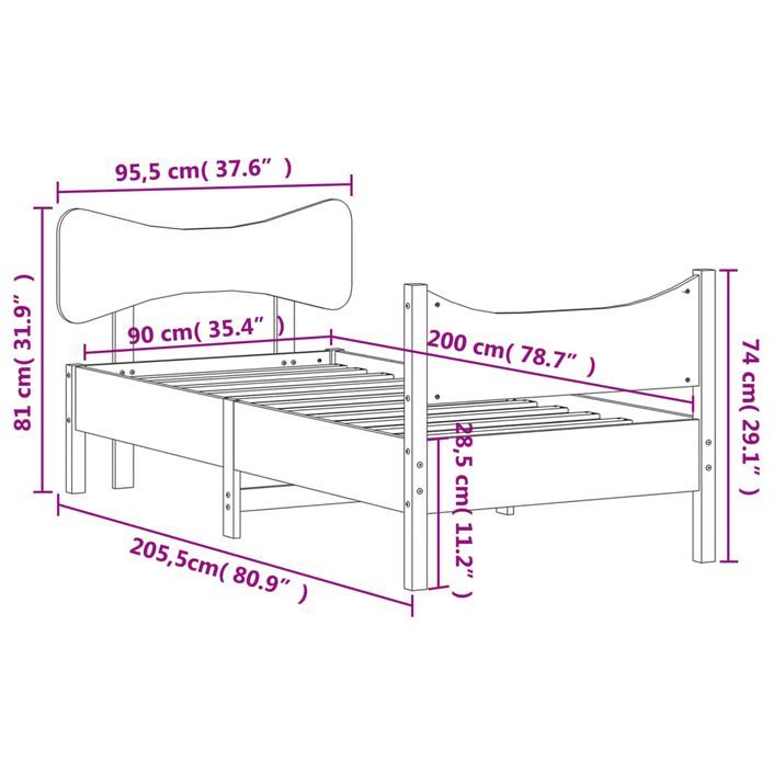 Cadre de lit avec tête de lit marron 90x200 cm bois de pin - Photo n°9