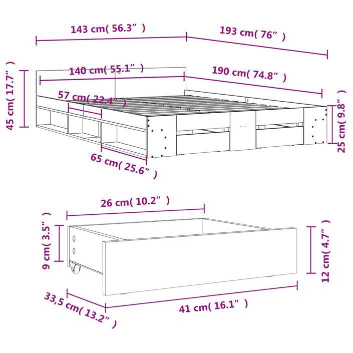 Cadre de lit avec tiroirs blanc 140x190cm bois d'ingénierie - Photo n°10