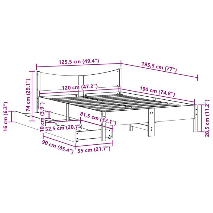 Cadre de lit avec tiroirs cire marron 120x190cm bois pin massif - Photo n°11