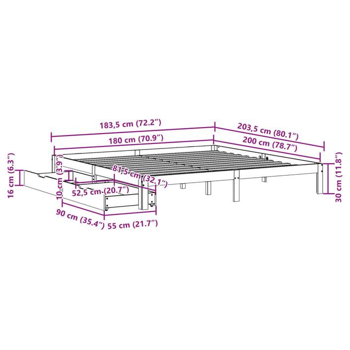 Cadre de lit avec tiroirs cire marron 180x200cm bois pin massif - Photo n°11