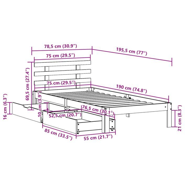 Cadre de lit avec tiroirs cire marron 75x190 cm bois pin massif - Photo n°11