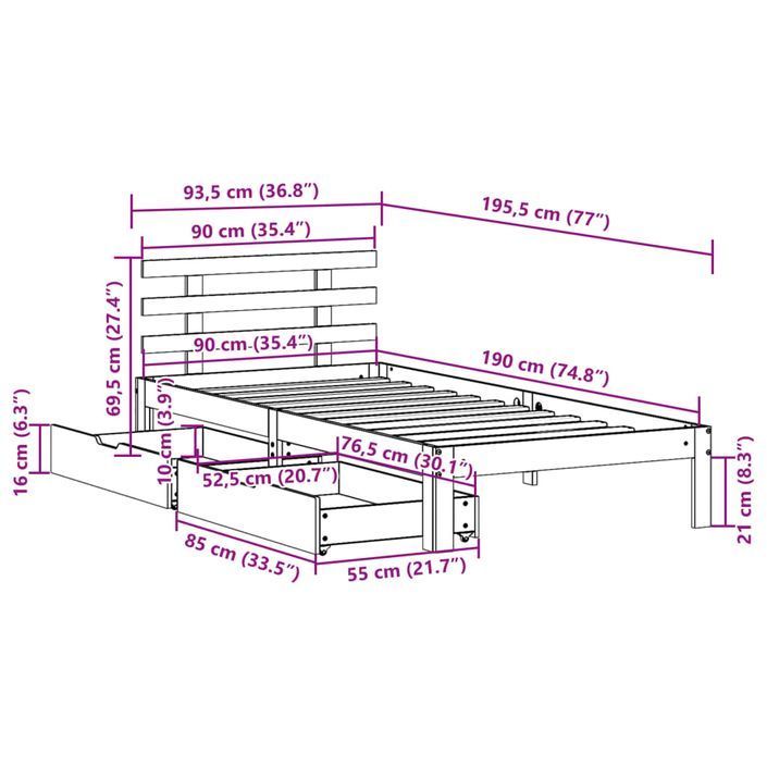 Cadre de lit avec tiroirs cire marron 90x190 cm bois pin massif - Photo n°11