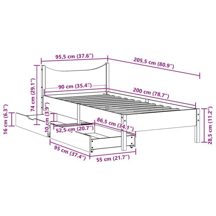 Cadre de lit avec tiroirs cire marron 90x200 cm bois pin massif - Photo n°11