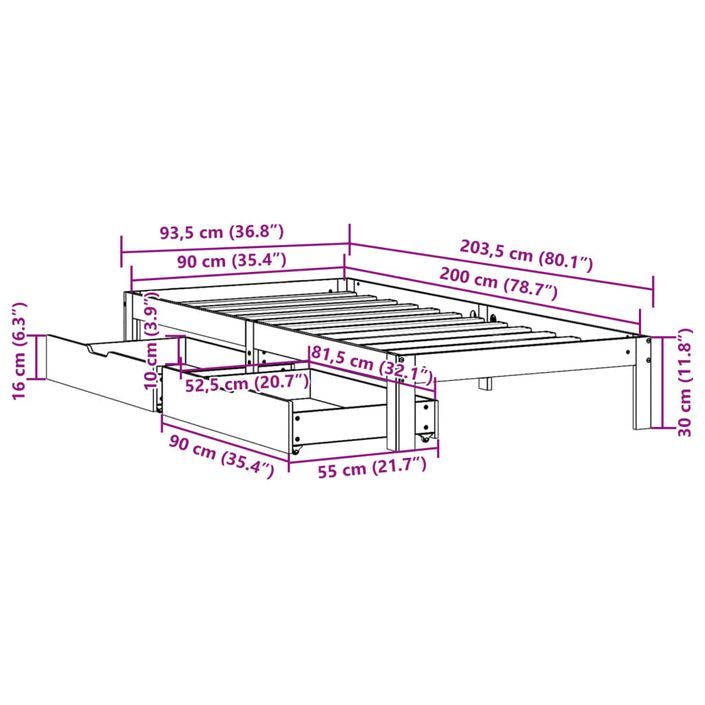 Cadre de lit avec tiroirs cire marron 90x200 cm bois pin massif - Photo n°11