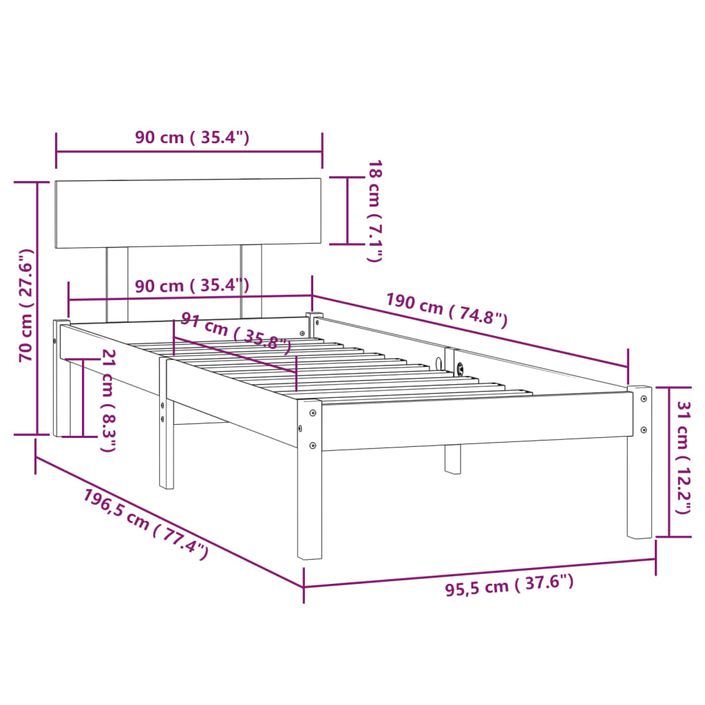 Cadre de lit Blanc Bois de pin massif 90x190 cm Simple - Photo n°9