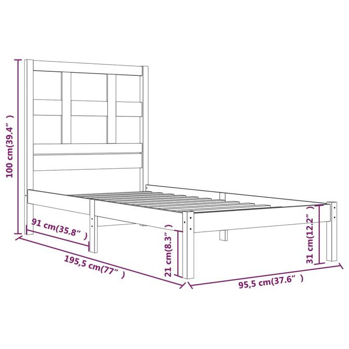 Cadre de lit Blanc Bois de pin massif 90x190 cm Simple - Photo n°5