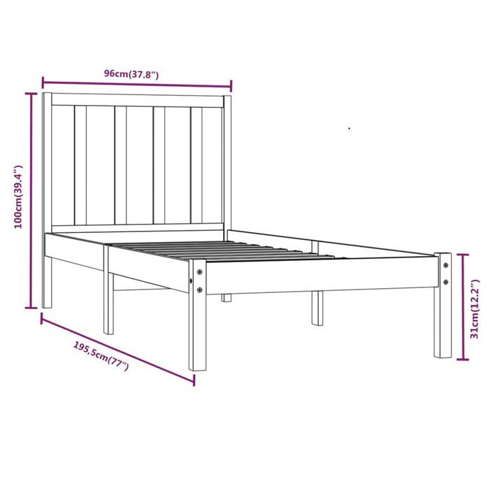 Cadre de lit Blanc Bois de pin massif 90x190 cm Simple - Photo n°6