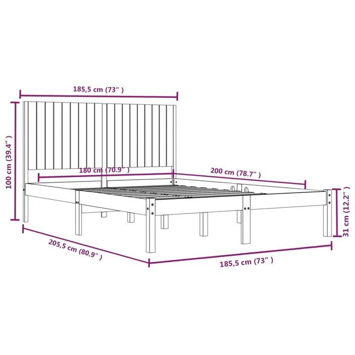 Cadre de lit Blanc Bois massif 180x200 cm Super King - Photo n°6