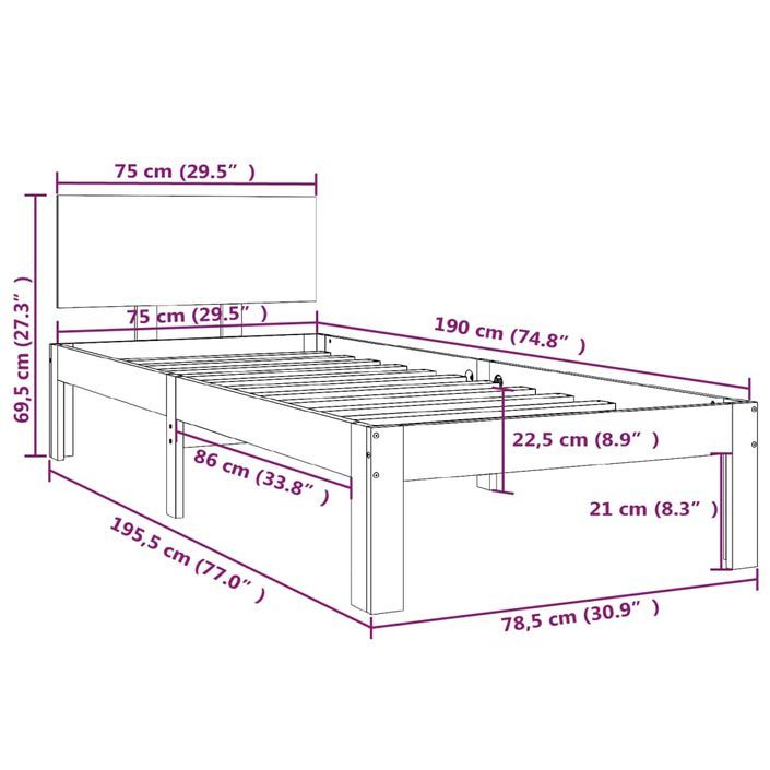 Cadre de lit Blanc Bois massif 75x190 cm Petit simple - Photo n°8