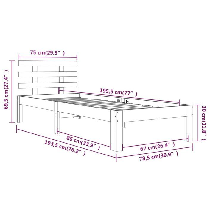 Cadre de lit Blanc Bois massif 75x190 cm Petit simple - Photo n°8