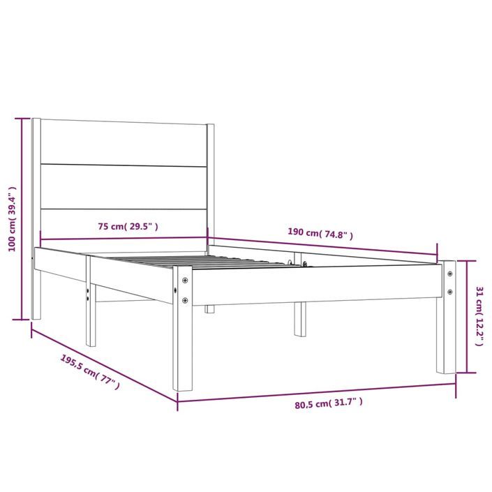 Cadre de lit Blanc Bois massif 75x190 cm Petit simple - Photo n°6