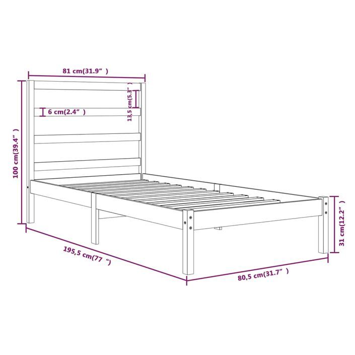 Cadre de lit Blanc Bois massif 75x190 cm Petit simple - Photo n°6