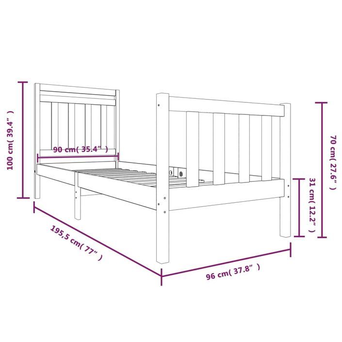 Cadre de lit Blanc Bois massif 90x190 cm Simple - Photo n°9