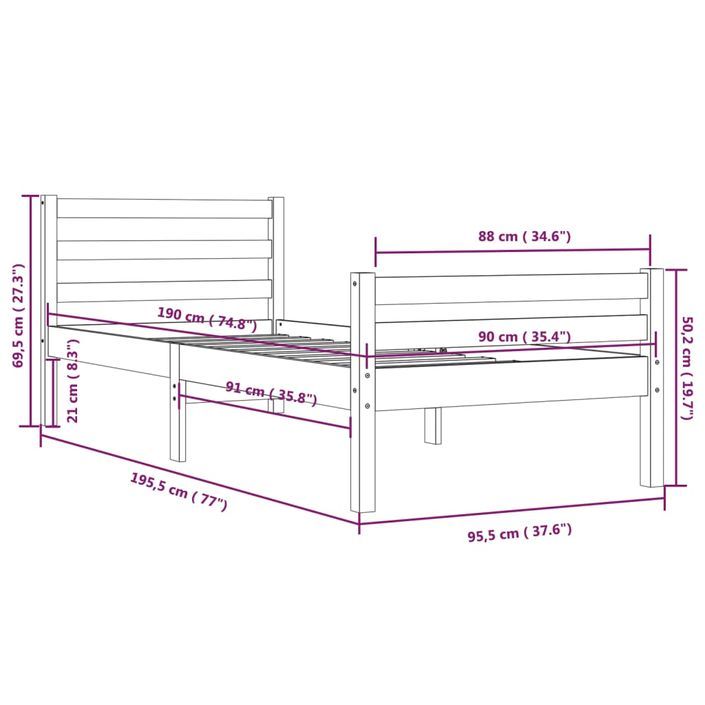 Cadre de lit Blanc Bois massif 90x190 cm Simple - Photo n°10