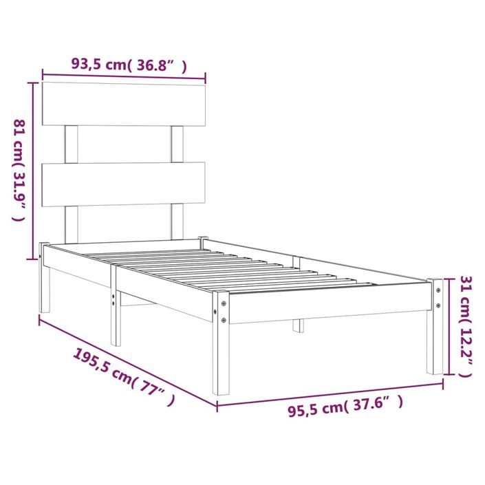 Cadre de lit Blanc Bois massif 90x190 cm Simple - Photo n°6