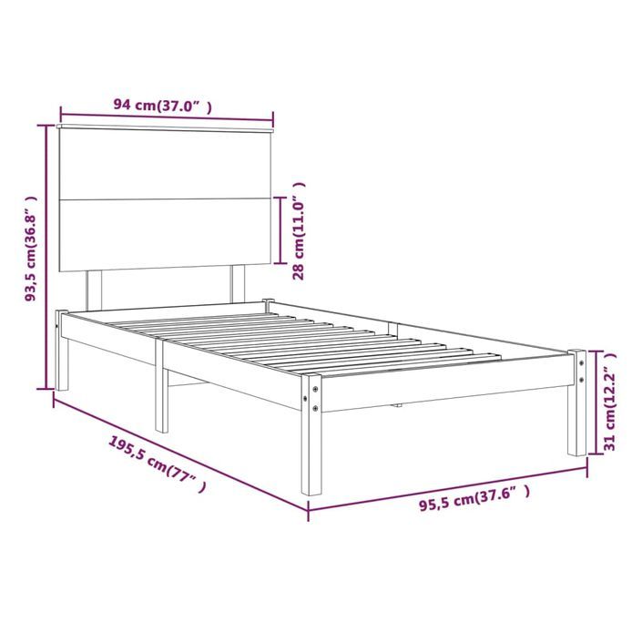 Cadre de lit Blanc Bois massif 90x190 cm Simple - Photo n°6