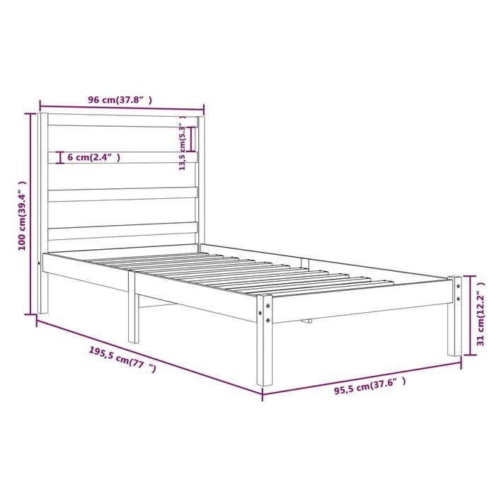 Cadre de lit Blanc Bois massif 90x190 cm Simple - Photo n°6