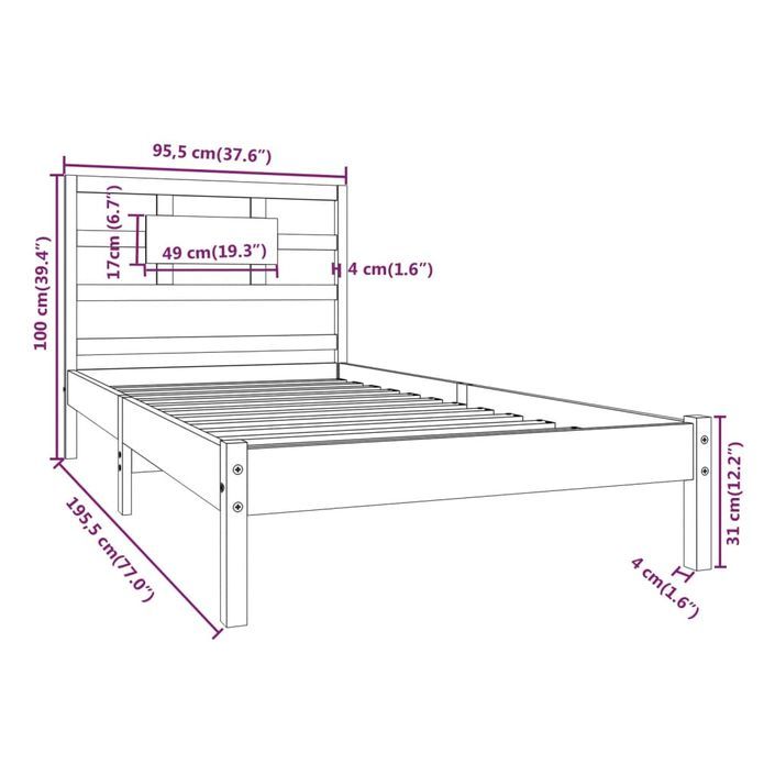 Cadre de lit Blanc Bois massif 90x190 cm Simple - Photo n°8