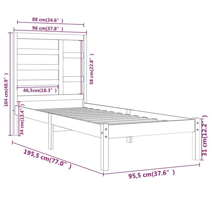 Cadre de lit Blanc Bois massif 90x190 cm Simple - Photo n°6