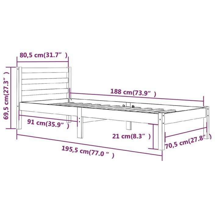 Cadre de lit Bois de pin massif 75x190 cm Blanc petit simple - Photo n°8