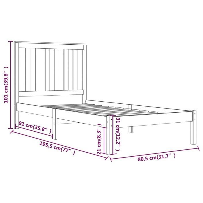 Cadre de lit bois de pin massif 75x190 cm petit simple - Photo n°6