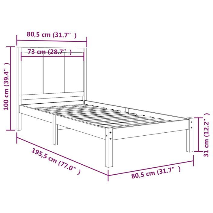 Cadre de lit bois de pin massif 75x190 cm petit simple - Photo n°5