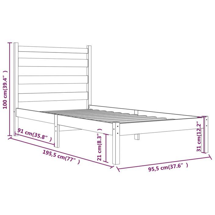 Cadre de lit bois de pin massif 90x190 cm simple - Photo n°6