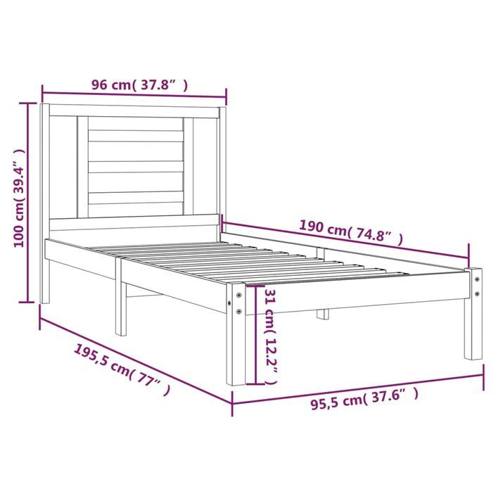 Cadre de lit bois de pin massif 90x190 cm simple - Photo n°6