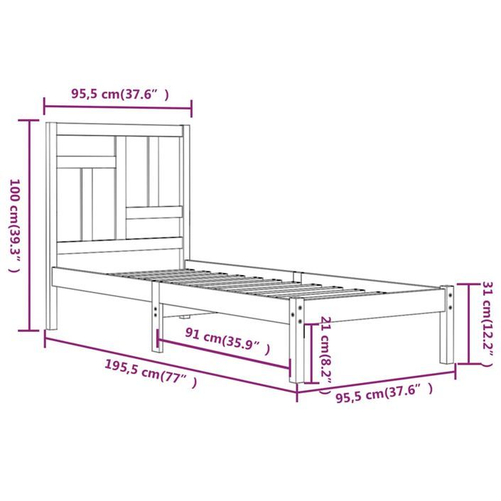 Cadre de lit bois de pin massif 90x190 cm simple - Photo n°6