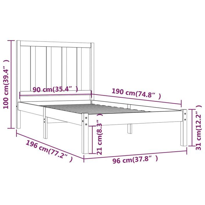 Cadre de lit bois de pin massif 90x190 cm simple - Photo n°6