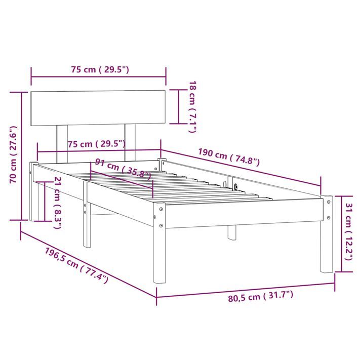 Cadre de lit bois massif 75x190 cm petit simple - Photo n°9