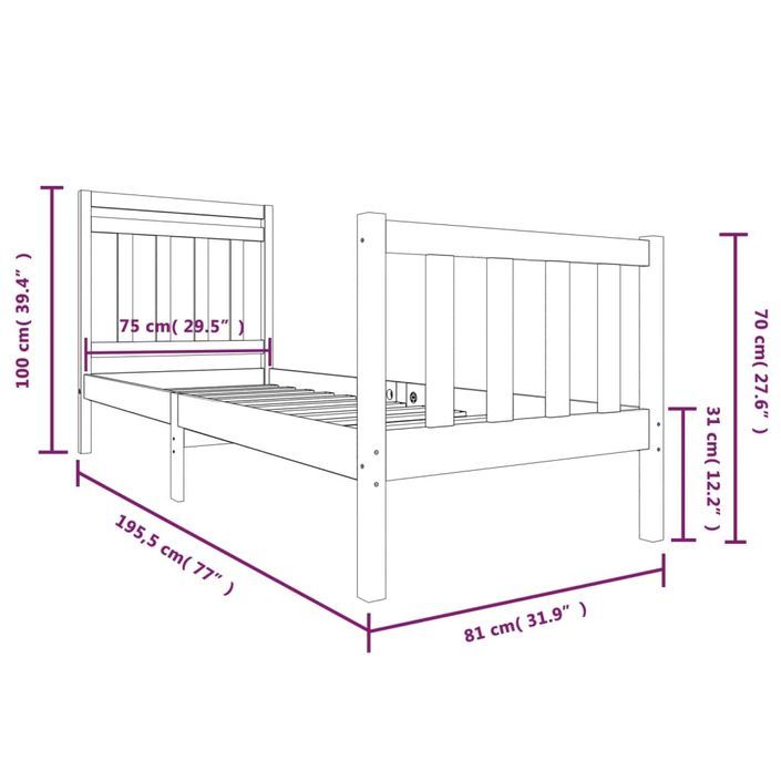 Cadre de lit Bois massif 75x190 cm Petit simple - Photo n°9