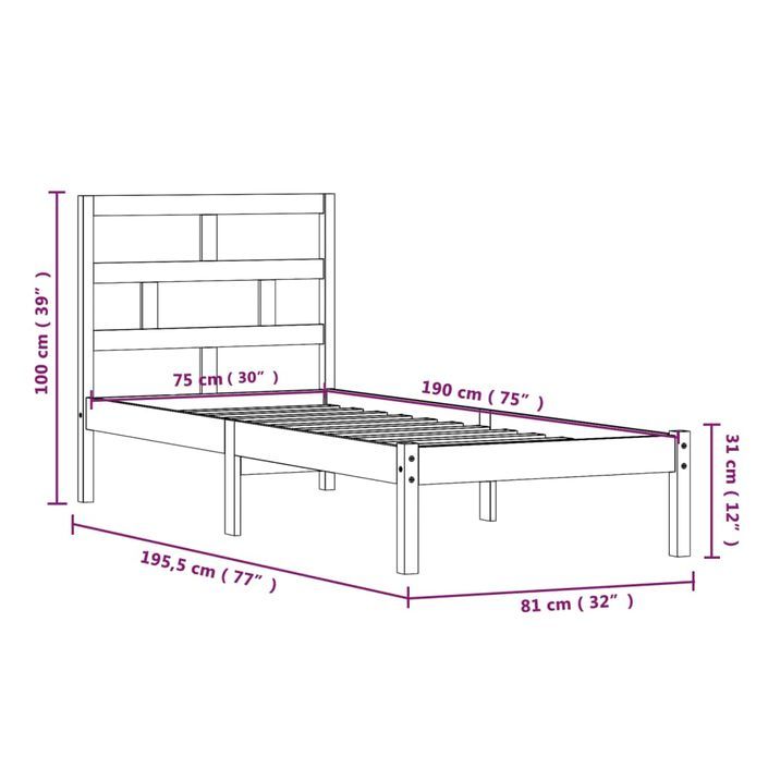 Cadre de lit Bois massif 75x190 cm Petit simple - Photo n°9