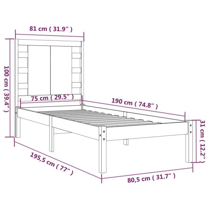 Cadre de lit bois massif 75x190 cm petit simple - Photo n°6