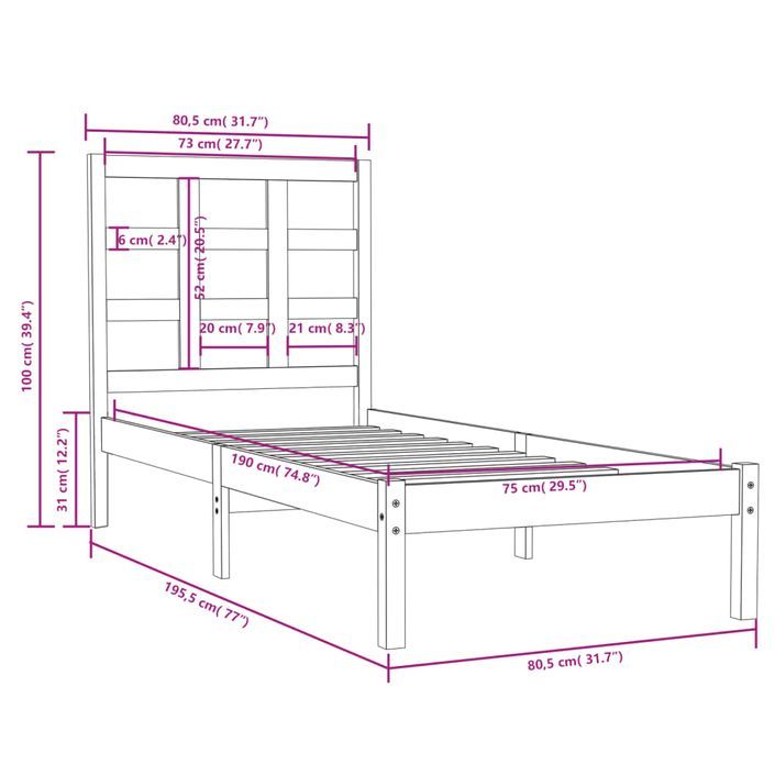 Cadre de lit bois massif 75x190 cm petit simple - Photo n°6